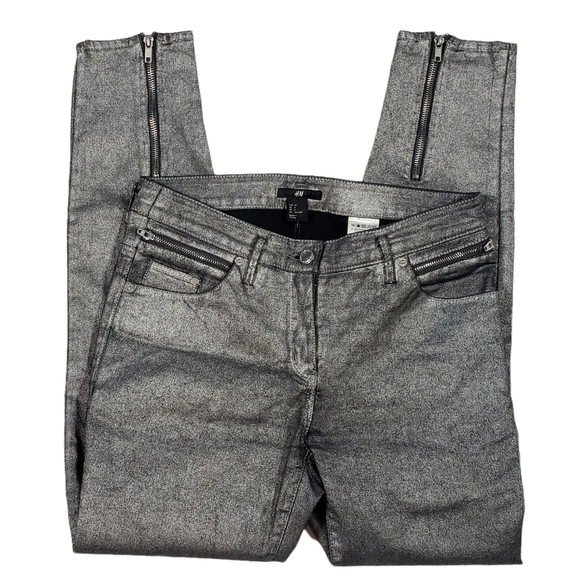 H&M Silver Metallic Wax Sheen Skinny Ankle Jeans Size 6 Gray Zip Ankle Stretchy - Picture 4 of 11